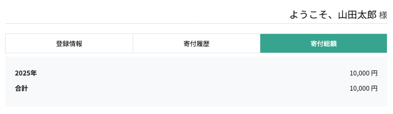年別寄付額と総額が表示されます。